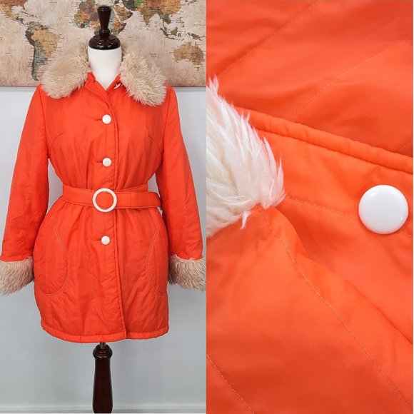 Vintage Jackets & Blazers - Vtg 60s orange & faux fur puff jacket - Trail Tracer brand